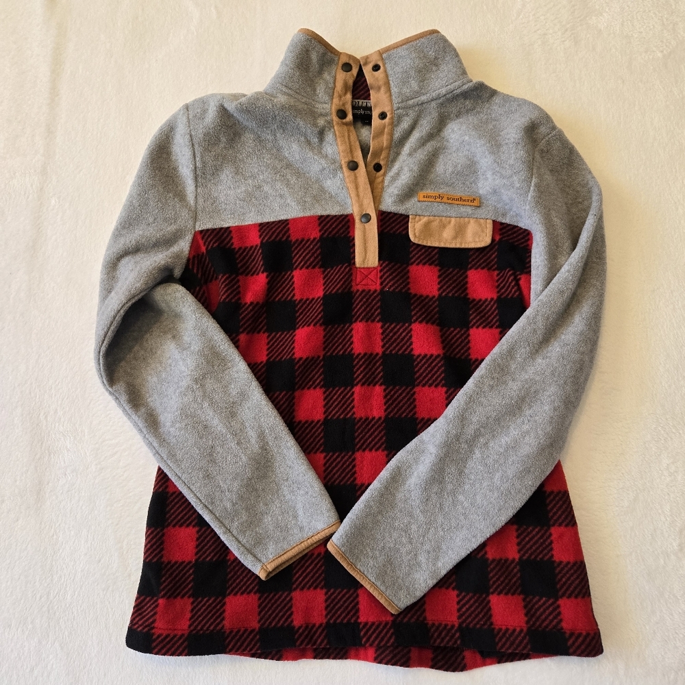 Simply Southern Red and Gray Mens Fleece Pullover, Buffalo Plaid Size M